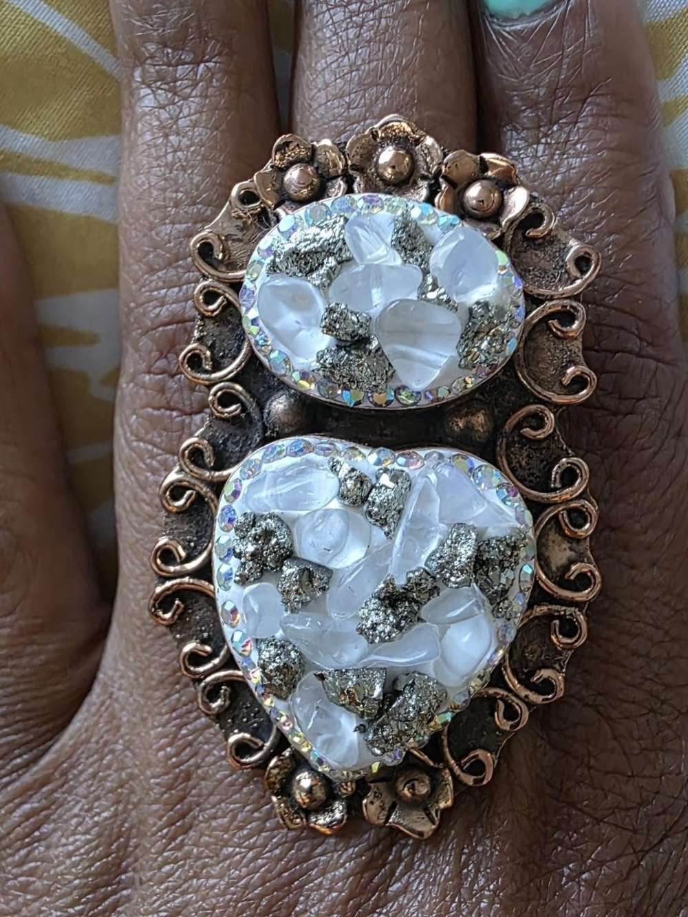 White & Gold Crystal Cluster Double-Panel Statement Ring